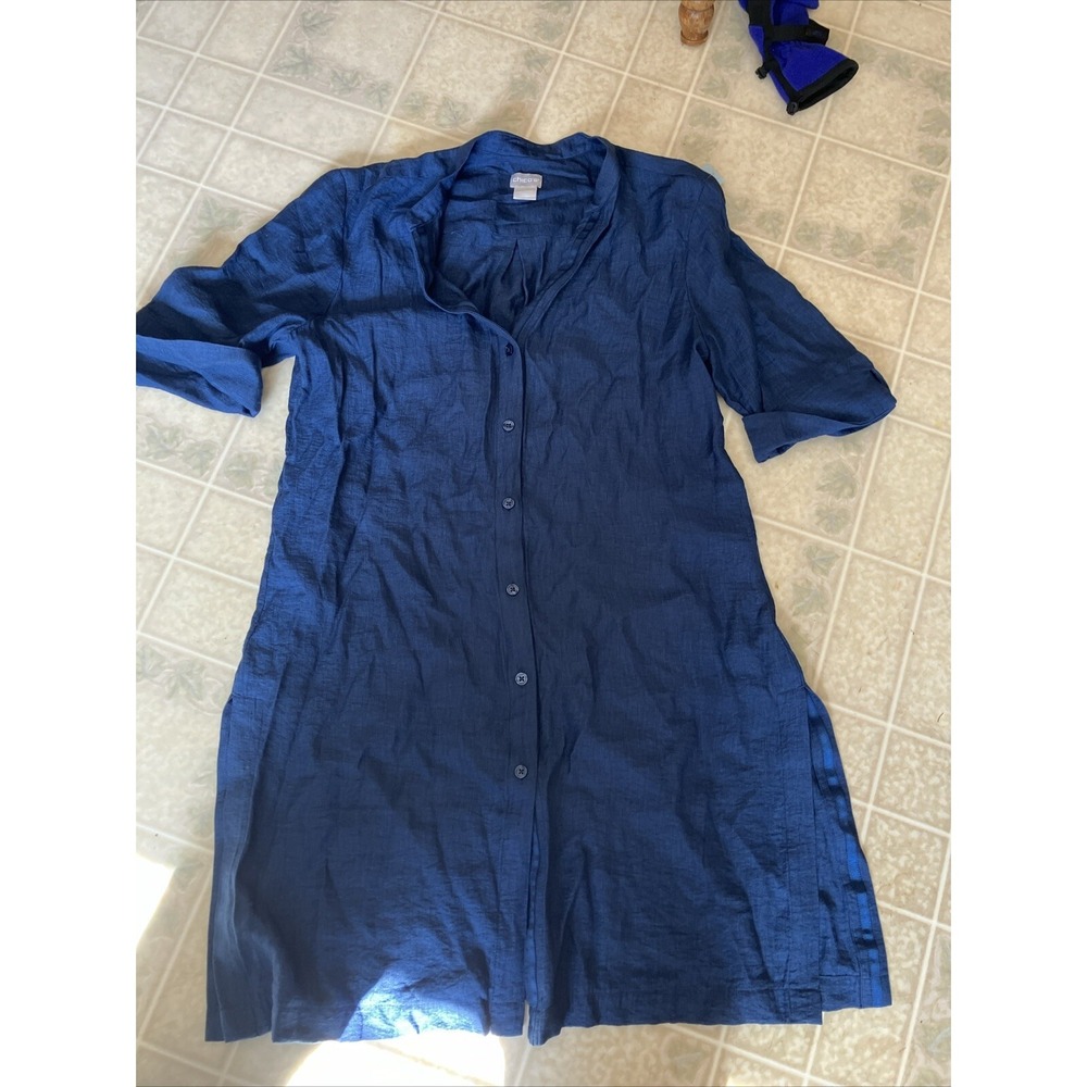Chico's Blue Button Down 3/4 Sleeve Medium 1 Linen blend Capsule Euro Summer